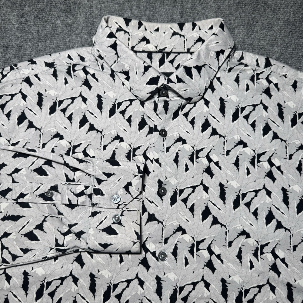 BUGATCHI 8 Way Stretch Floral Button Up Men 2XL Long Sleeve Gray Black Leaf